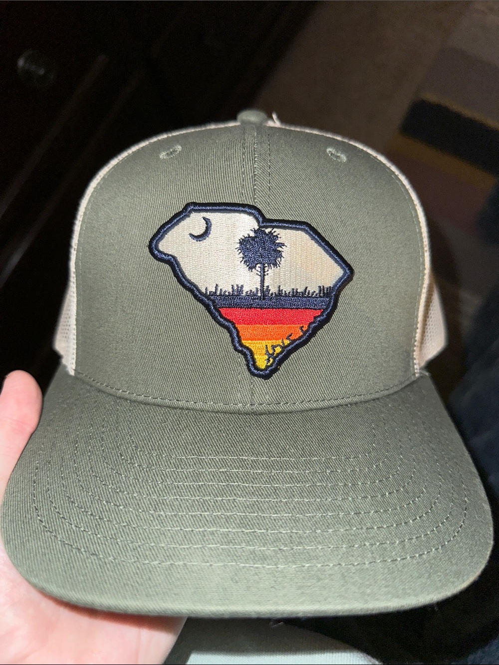 Local Crowns - South Carolina -Olive Green Trucker Hat w/ Sunset Palmetto Patch
